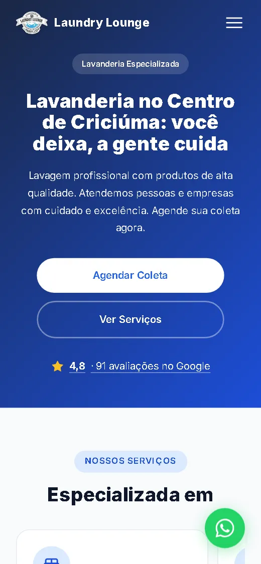 Site da Laundry Lounge aberto no celular