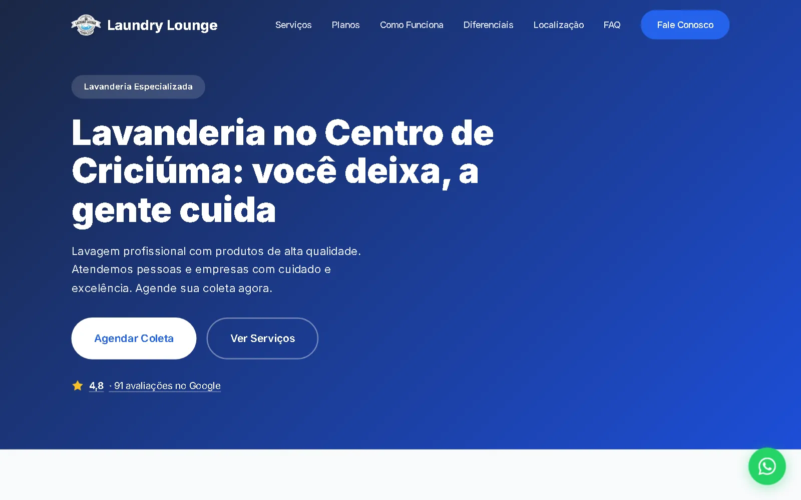 Página inicial do site da Laundry Lounge, lavanderia no Centro de Criciúma